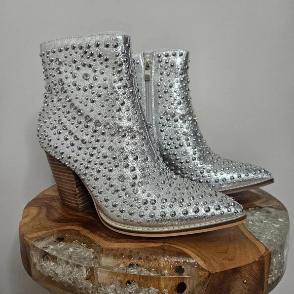 New Corkys Line Dance Silver Metallic Studded Crystal Western Ankle Boots - Picture 3 of 9